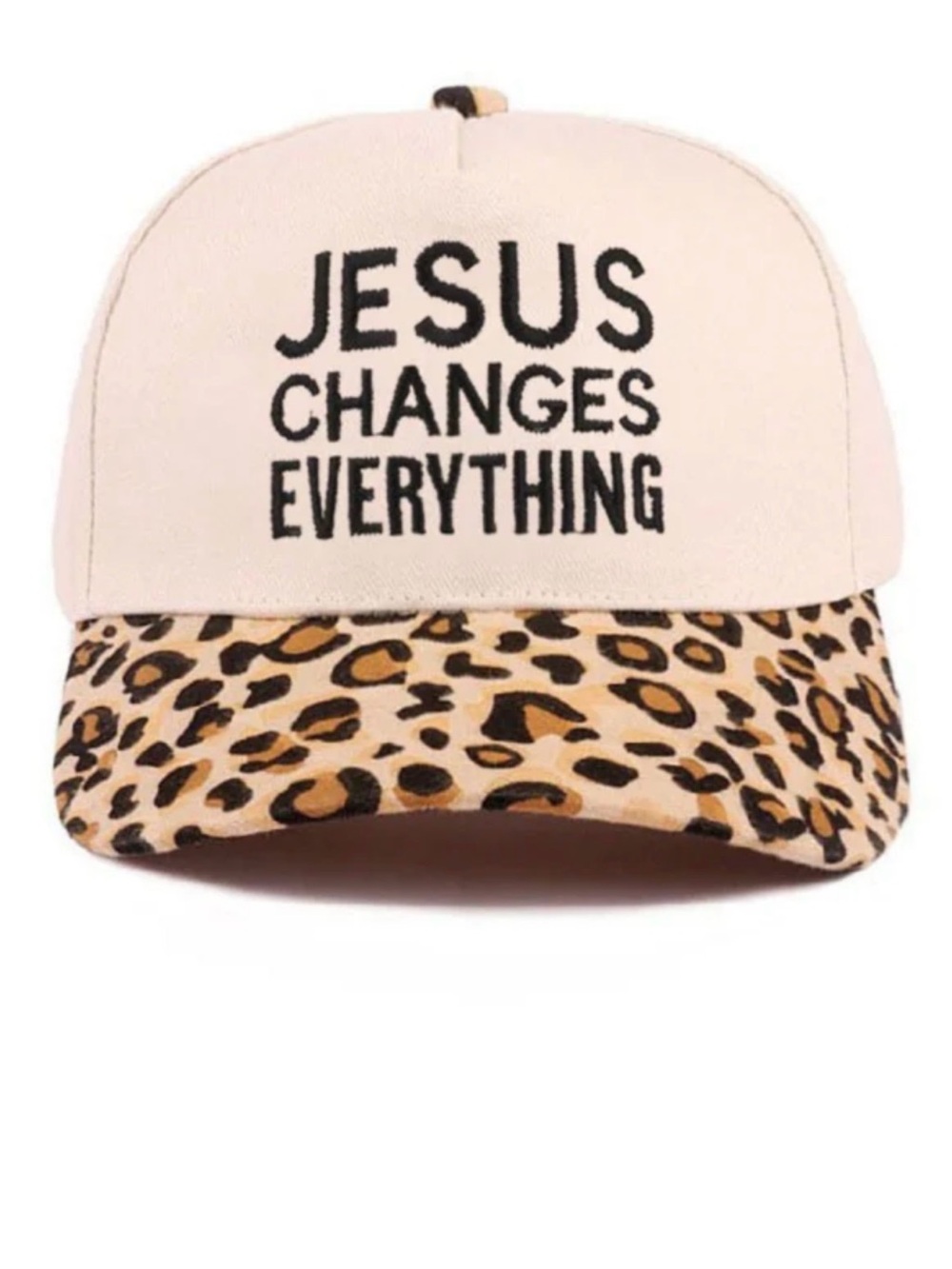 Embroidered 'Jesus Changes Everything' Cap with Leopard Brim - Cream & Leopard